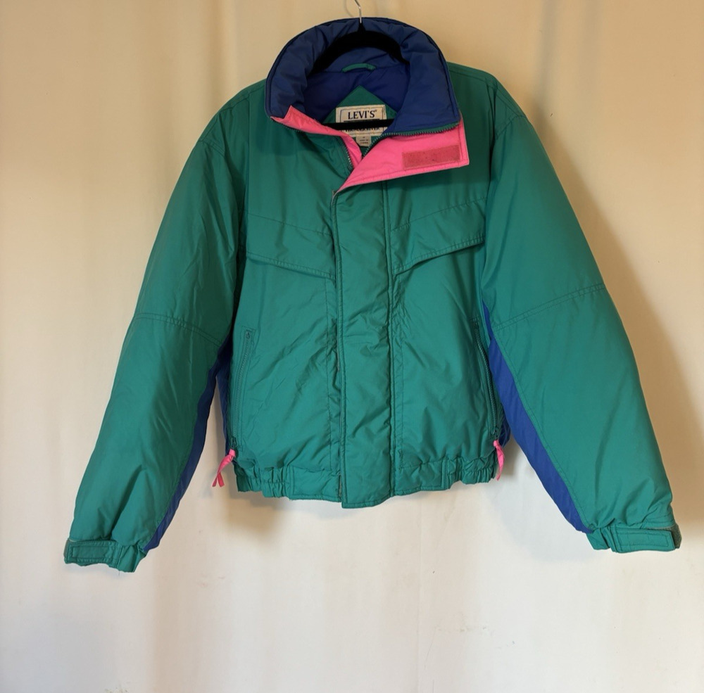 Vtg Levis Jacket Medium Womens Colorblock Thunder River Green Puffer Zip